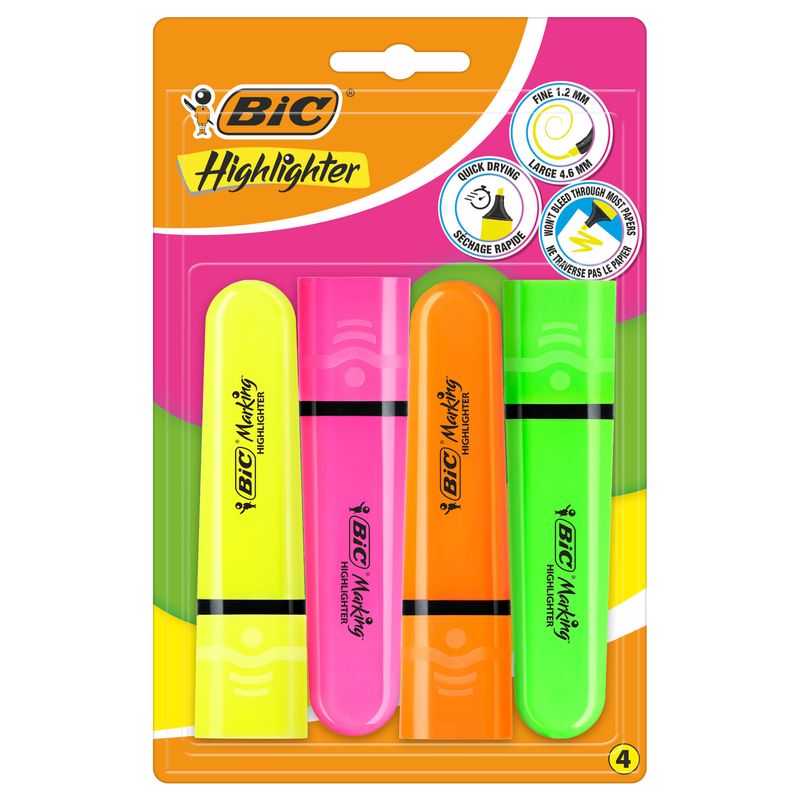 Evidenziatore Flat  - punta a scalpello - tratto da 1,2mm-4,6mm - colori assortiti fluo - Bic - astuccio 4 pezzi BIC