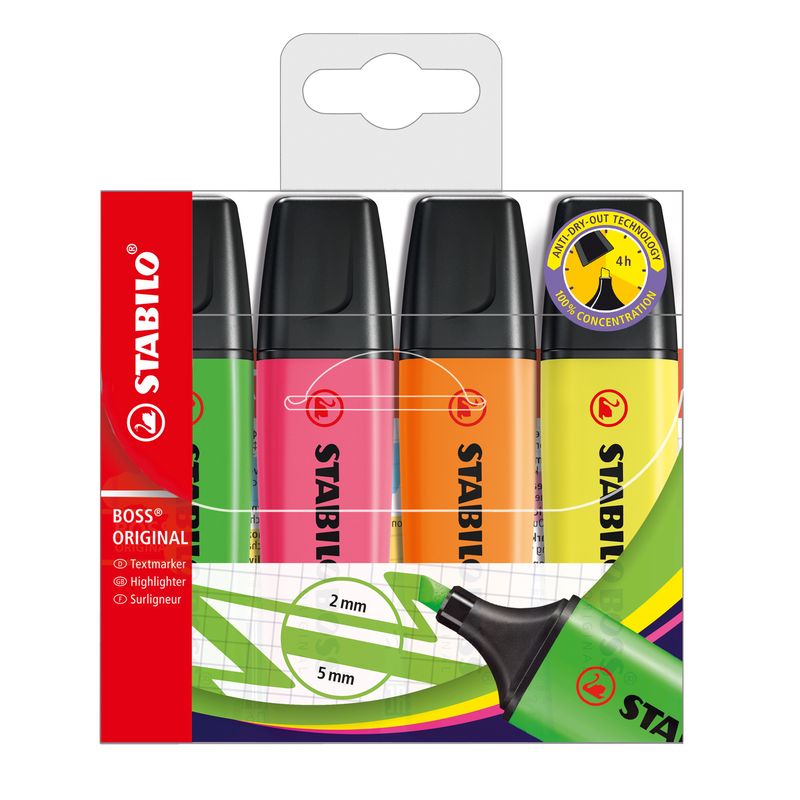 Evidenziatore Stabilo Boss Original - punta a scalpello - tratto da 2 - 5 mm - colori assortiti - Stabilo - conf. 4 pezzi STABILO