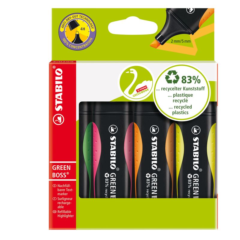 Evidenziatore Green Boss - punta a scalpello - tratto 2 - 5 mm - colori assortiti - 83% plastica riciclata - Stabilo - astuccio 4 pezzi STABILO
