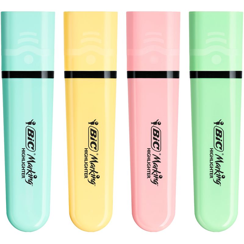 Evidenziatore Flat  - punta a scalpello - tratto da 1,2mm-4,6mm - colori assortiti pastel - Bic - astuccio 4 pezzi BIC