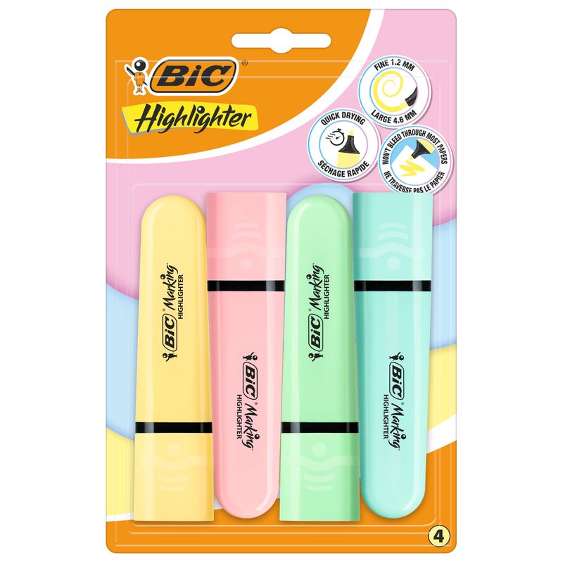 Evidenziatore Flat  - punta a scalpello - tratto da 1,2mm-4,6mm - colori assortiti pastel - Bic - astuccio 4 pezzi BIC