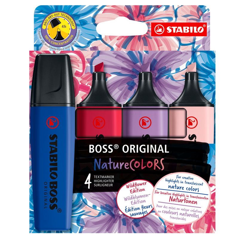 Evidenziatori Stabilo Boss Wildflowers - punta a scalpello - tratto 2 - 5 mm - colori assortiti - Stabilo - astuccio 4 pezzi STABILO