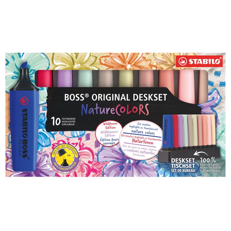 Evidenziatori Stabilo Boss Wildflowers - punta a scalpello - tratto 2 - 5 mm - colori assortiti - Stabilo - deskset 10 pezzi STABILO
