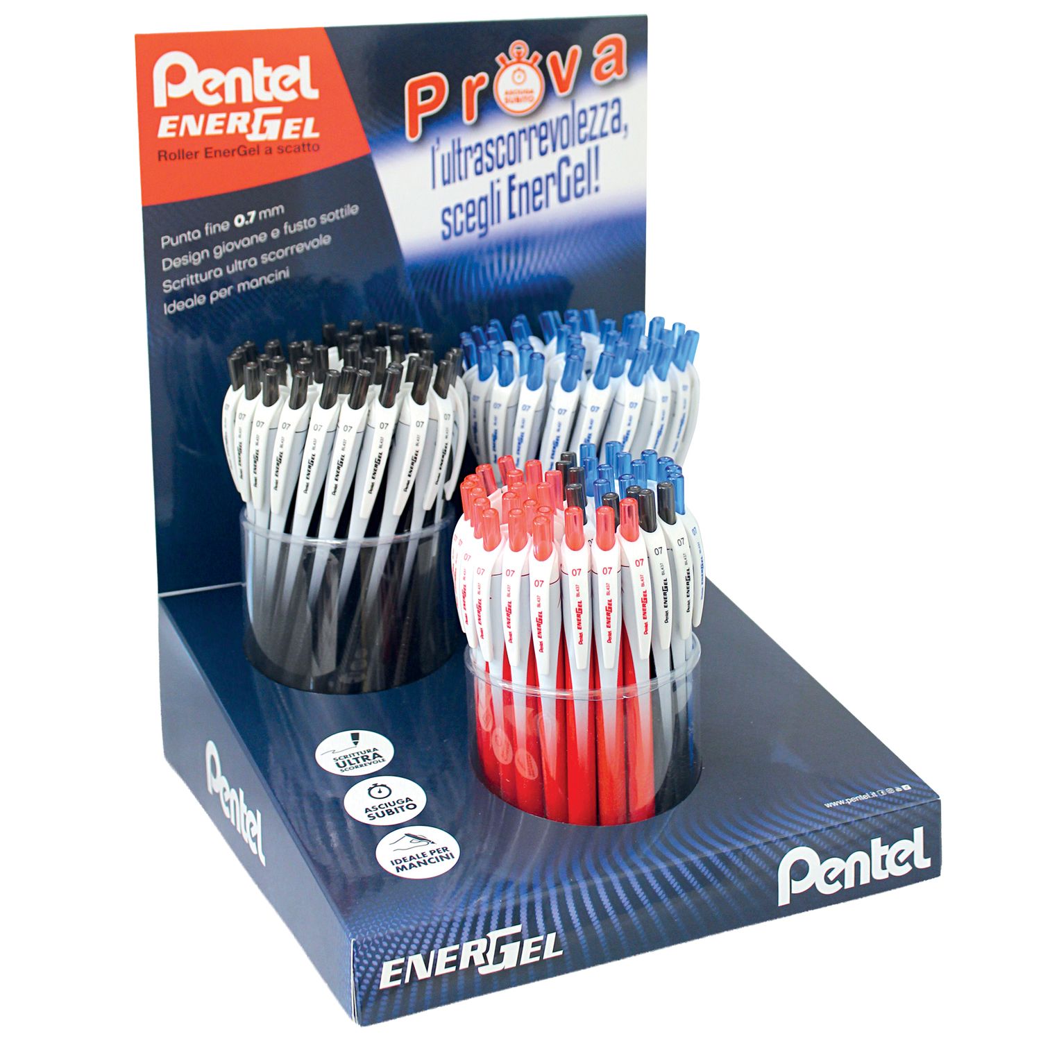 Roller Energel Slim - punta 0,7 mm - 3 colori assortiti (blu/nero/rosso - Pentel - expo 120 pezzi PENTEL
