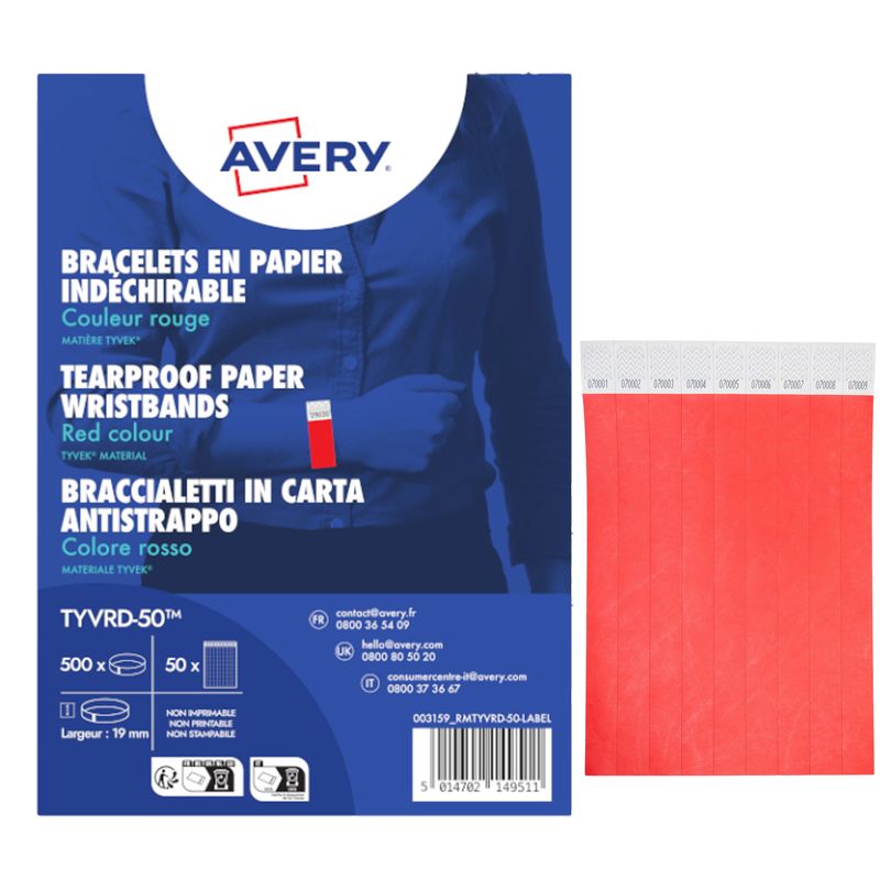 Braccialetti identificativi - in Tyvek - rosso fluo - 265 x 19 mm - 50 fogli - 10 et/fg - Avery - Conf. 500 pezzi AVERY