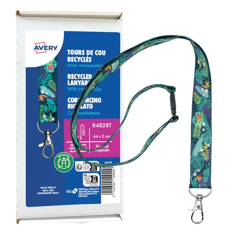 Cordoncino per portabadge - in Rpet - fantasia tropicale - 440 x 20 mm - Avery - Conf. 10 pezzi AVERY