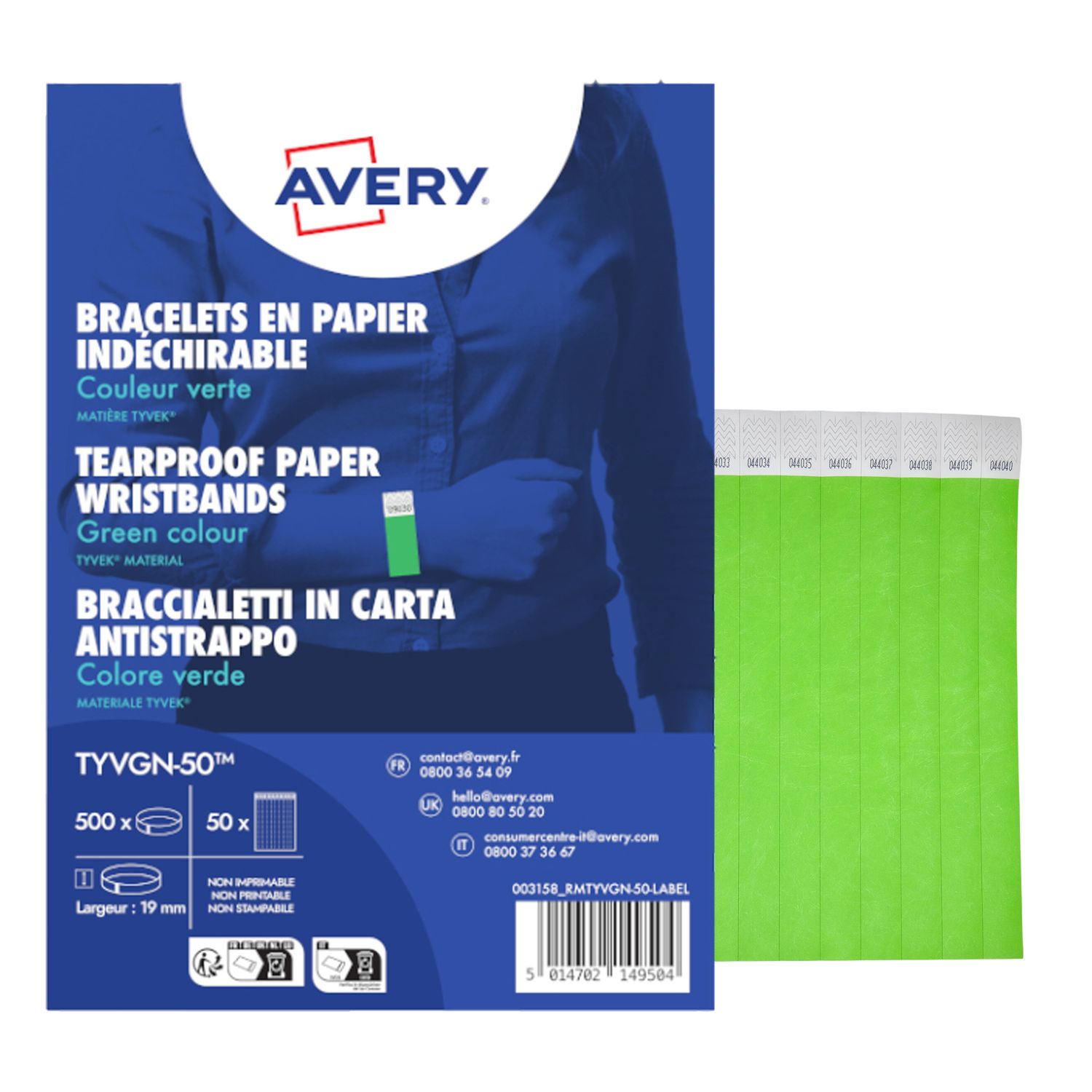 Braccialetti identificativi - in Tyvek - verde fluo - 265 x 19 mm - 50 fogli - 10 et/fg - Avery - Conf. 500 pezzi AVERY