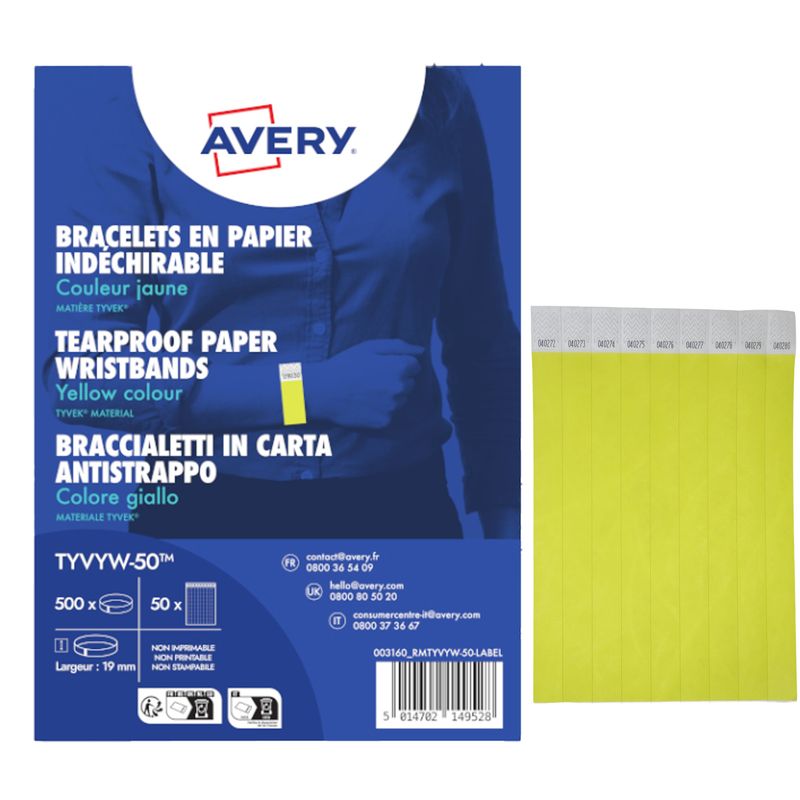 Braccialetti identificativi - in Tyvek - giallo fluo - 265 x 19 mm - 50 fogli - 10 et/fg - Avery - Conf. 500 pezzi AVERY