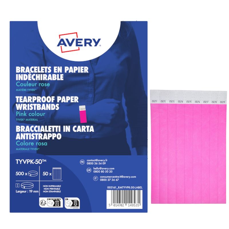 Braccialetti identificativi - in Tyvek - rosa fluo - 265 x 19 mm - 50 fogli - 10 et/fg - Avery - Conf. 500 pezzi AVERY
