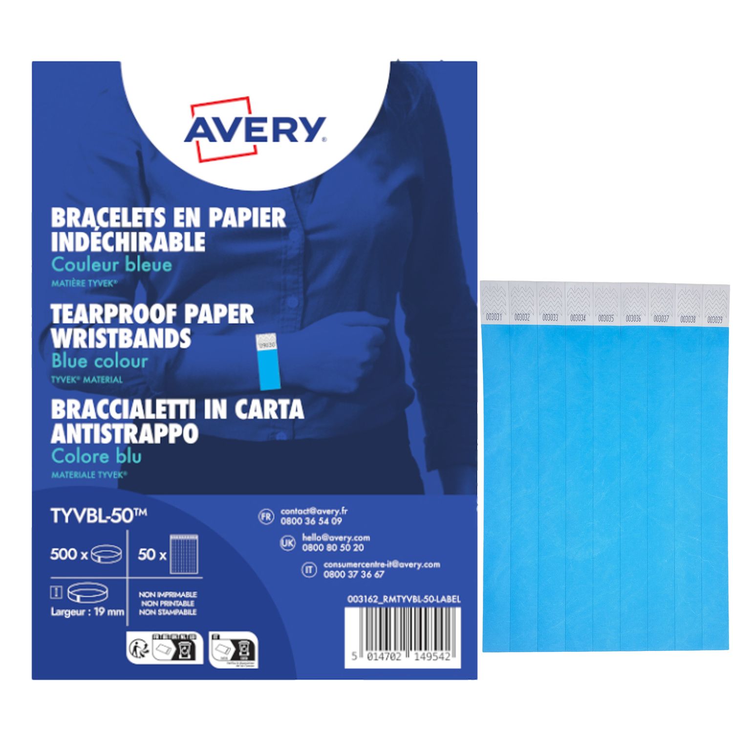 Braccialetti identificativi - in Tyvek - blu fluo - 265 x 19 mm - 50 fogli - 10 et/fg - Avery - Conf. 500 pezzi AVERY