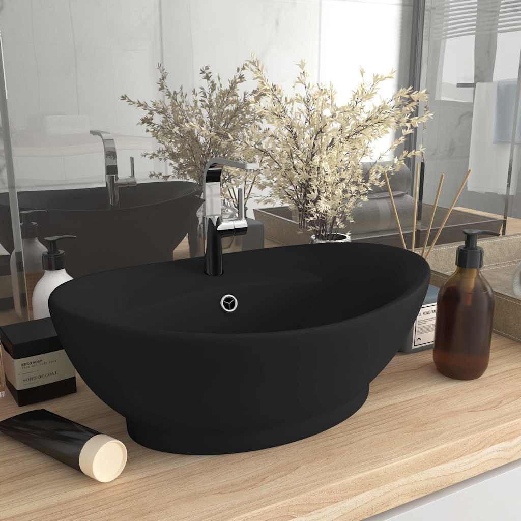 Lavandino con Troppopieno Ovale Nero Opaco 58,5x39cm Ceramica vidaXL