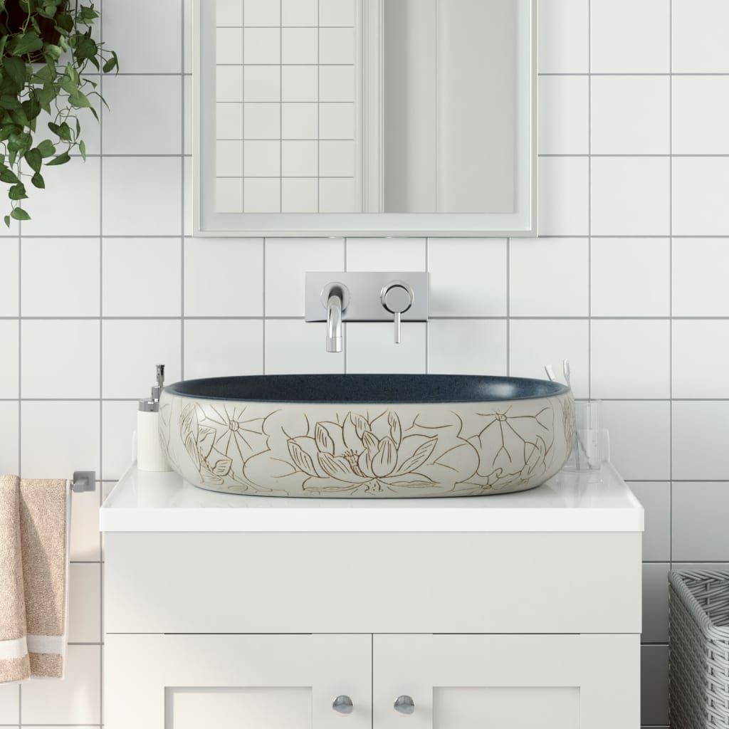 Lavabo da Appoggio Sabbia e Blu Ovale 59x40x14 cm Ceramica vidaXL