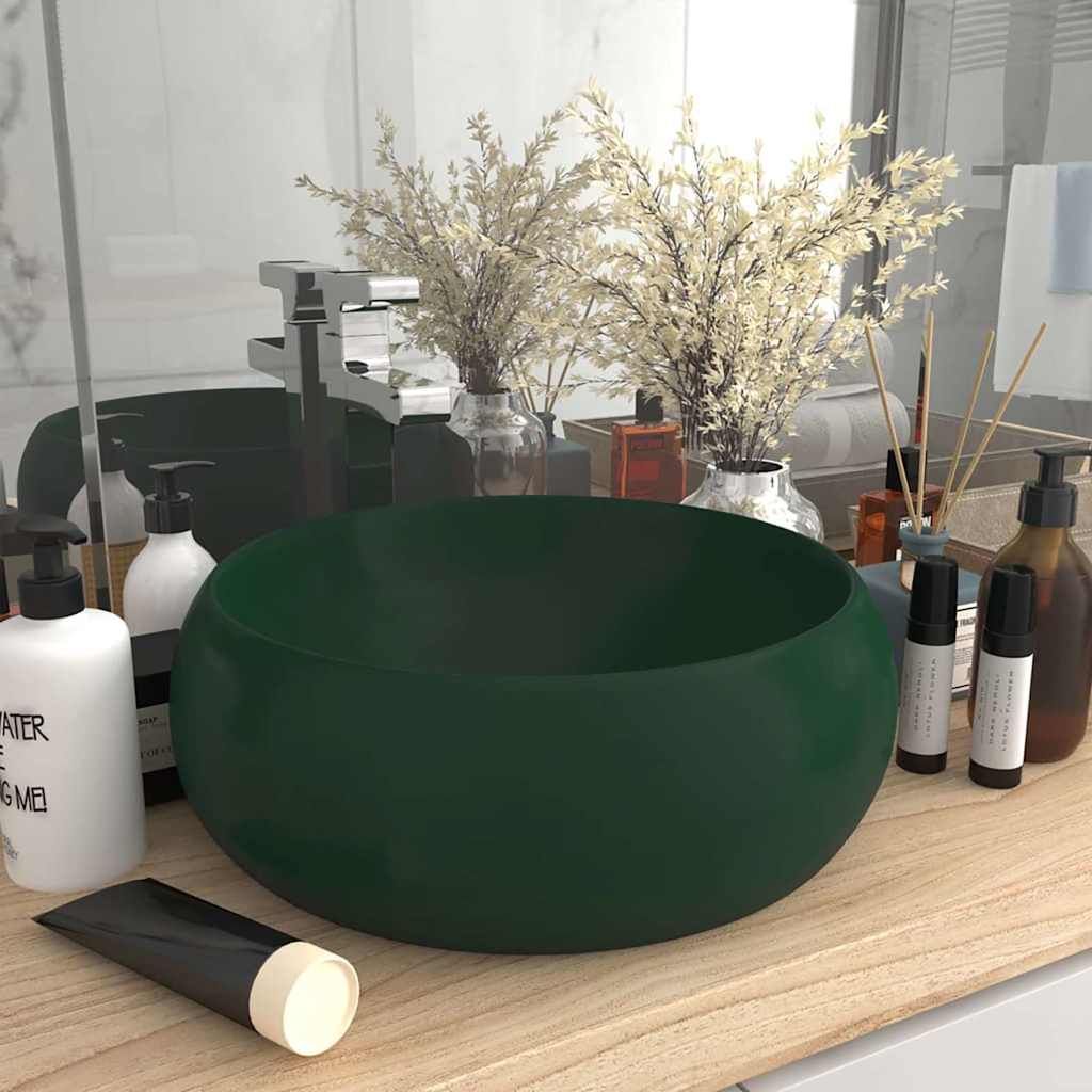 Lavandino Lusso Rotondo Verde Scuro Opaco 40x15 cm in Ceramica vidaXL