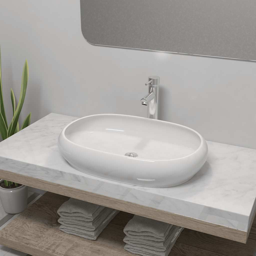 Lavello Bagno con Miscelatore in Ceramica Ovale Bianco vidaXL