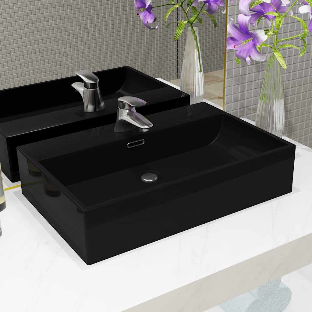 Lavandino con Foro Rubinetto in Ceramica Nero 76x42,5x14,5 cm vidaXL