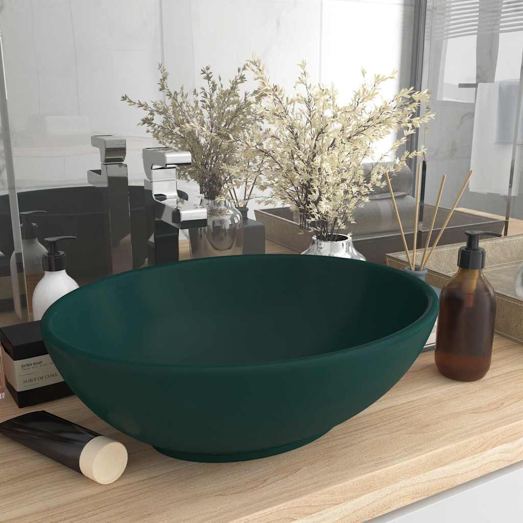 Lavandino Lusso Ovale Verde Scuro Opaco 40x33 cm in Ceramica vidaXL