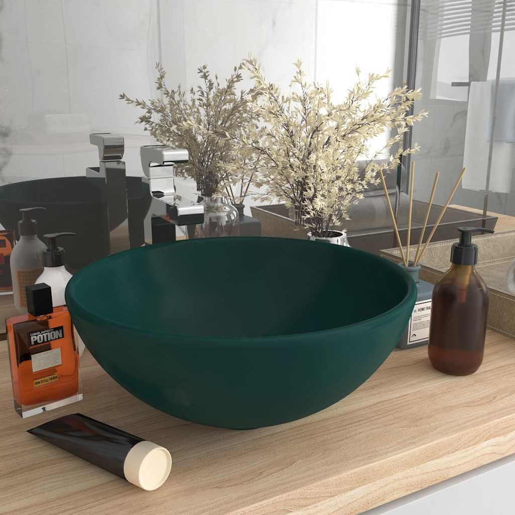 Lavandino Lusso Rotondo Verde Scuro Opaco 32,5x14 cm Ceramica vidaXL