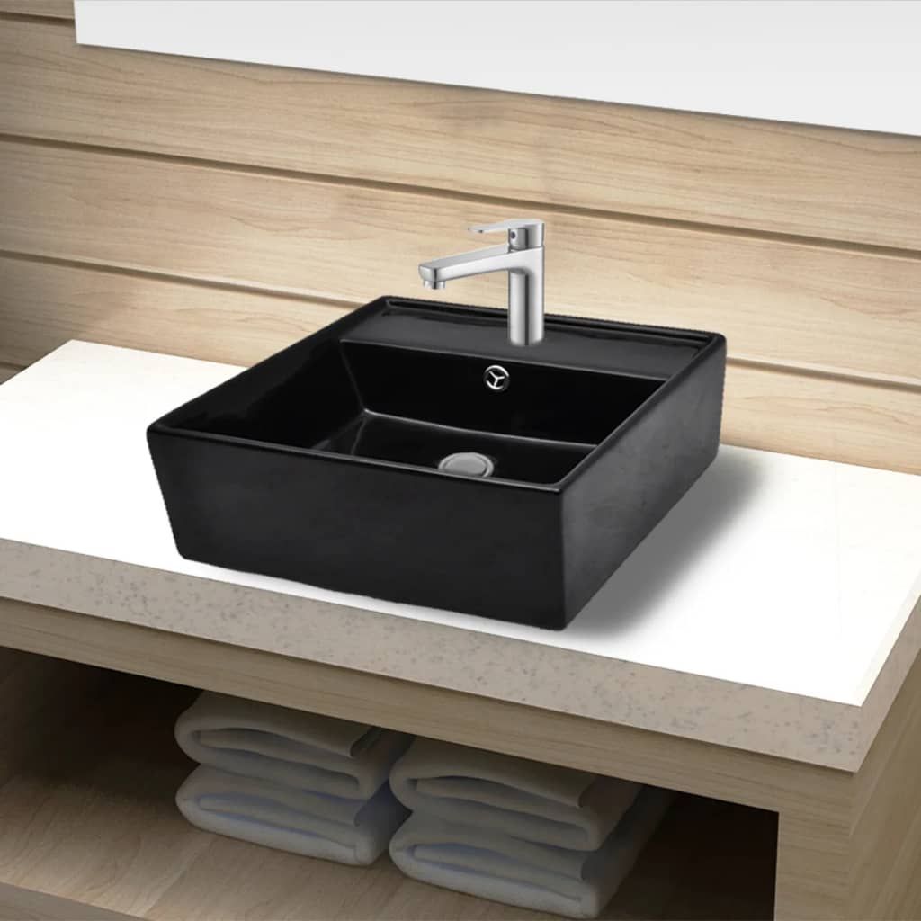 Lavandino in Ceramica Nera Quadrato con Foro Rubinetto/ Trabocco vidaXL