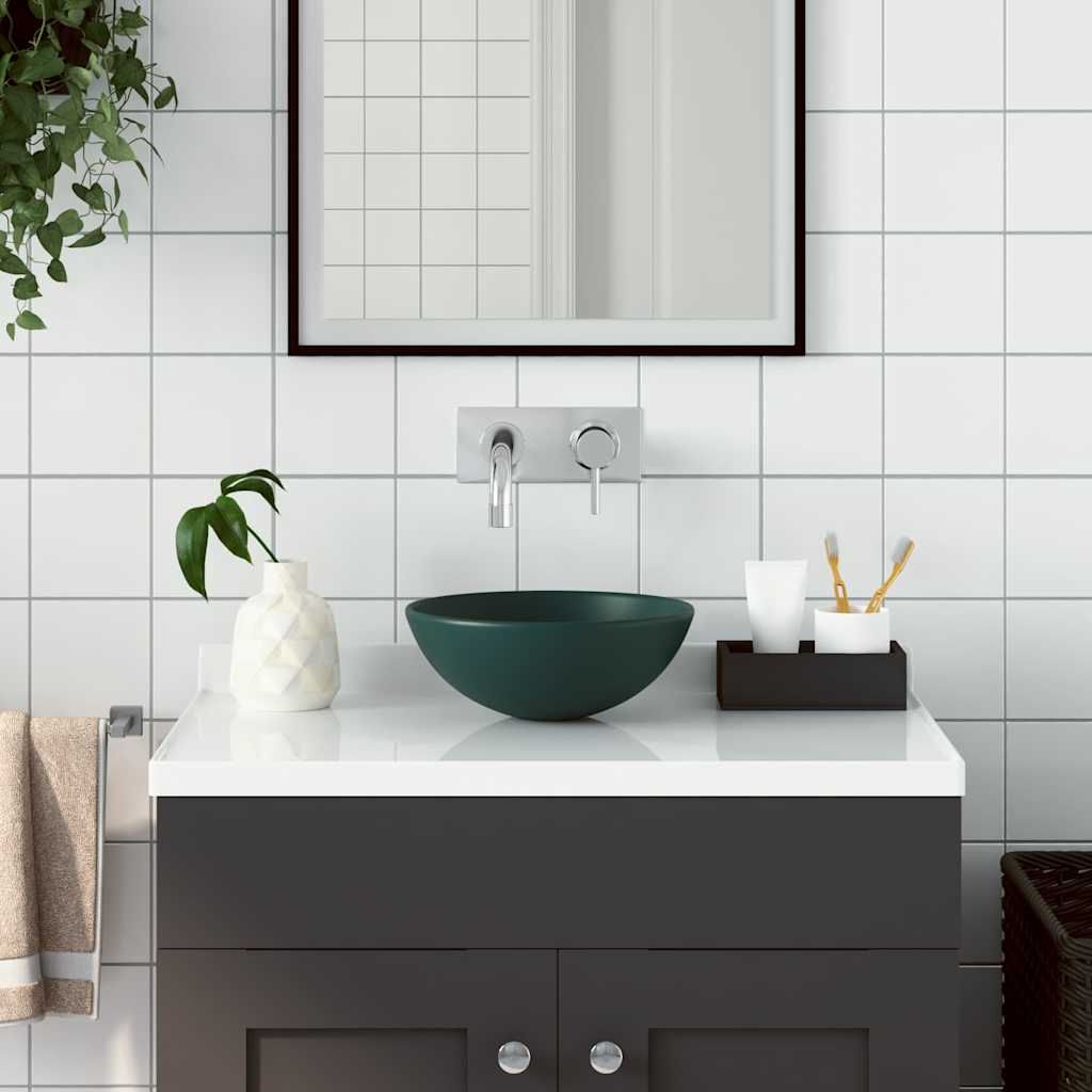 Lavandino da Bagno in Ceramica Verde Scuro Rotondo vidaXL
