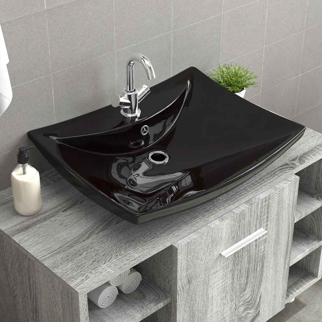 Lavabo Nero Ceramica Lusso Rettangolare Foro Trabocco Foro Rubinetto vidaXL