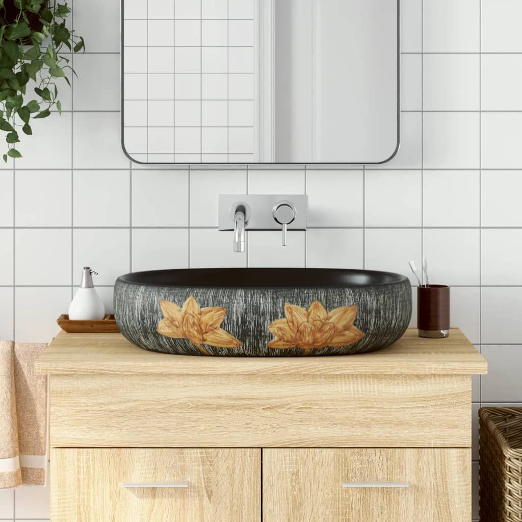 Lavabo da Appoggio Grigio e Nero Ovale 59x40x14 cm Ceramica vidaXL