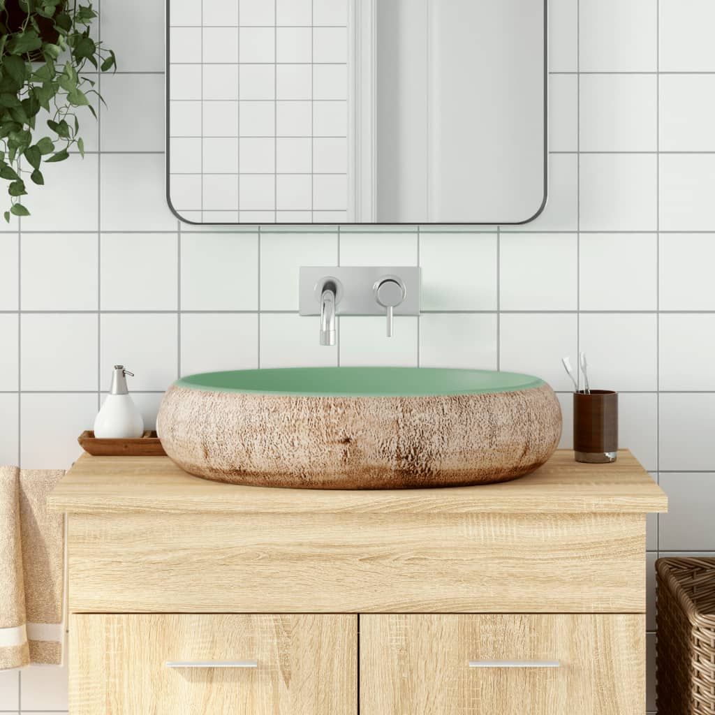 Lavabo da Appoggio Verde e Marrone Ovale 59x40x15 cm Ceramica vidaXL