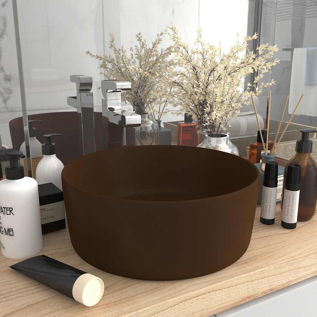 Lavandino Lusso Rotondo Marrone Scuro Opaco 40x15cm in Ceramica vidaXL