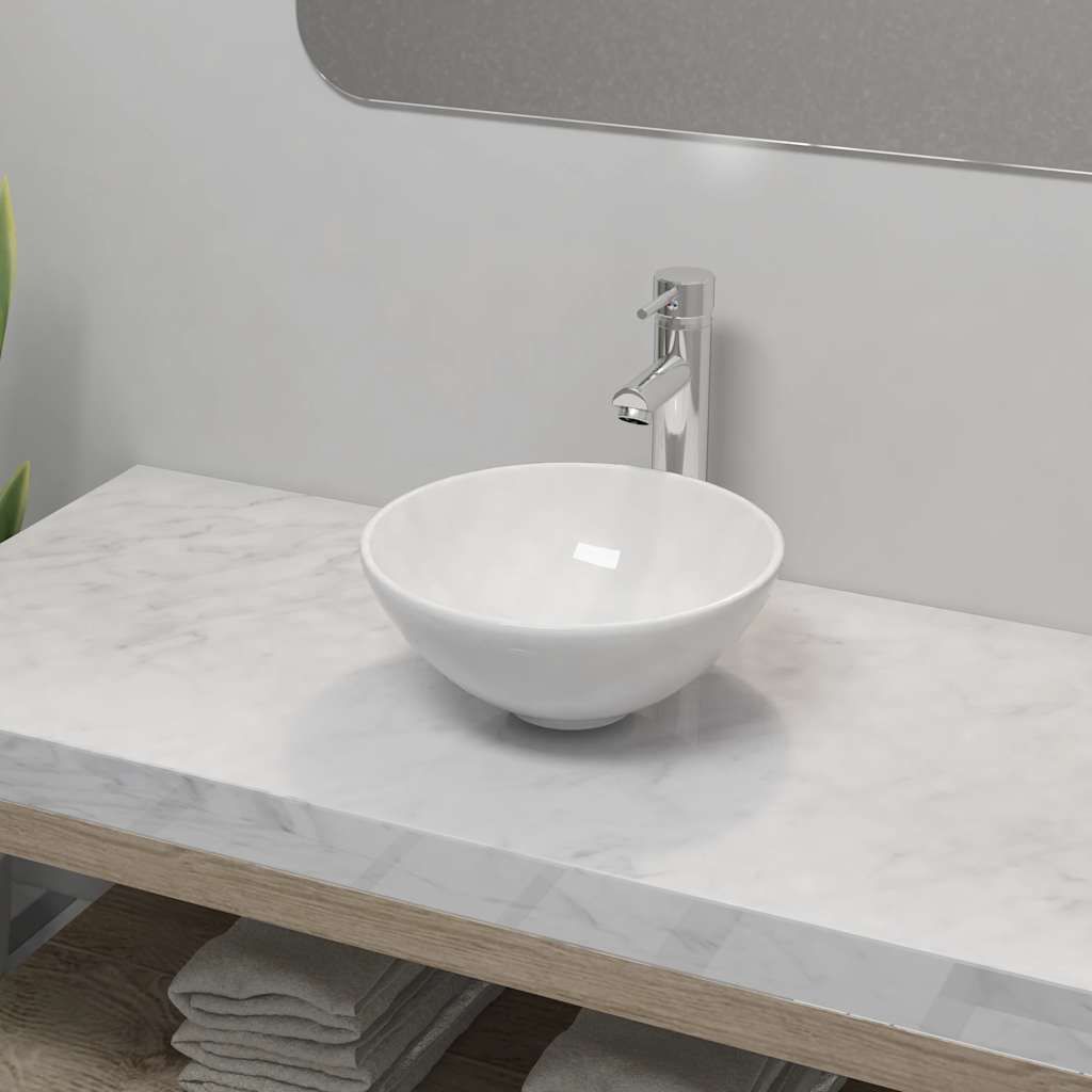 Lavello Bagno con Miscelatore in Ceramica Rotondo Bianco vidaXL