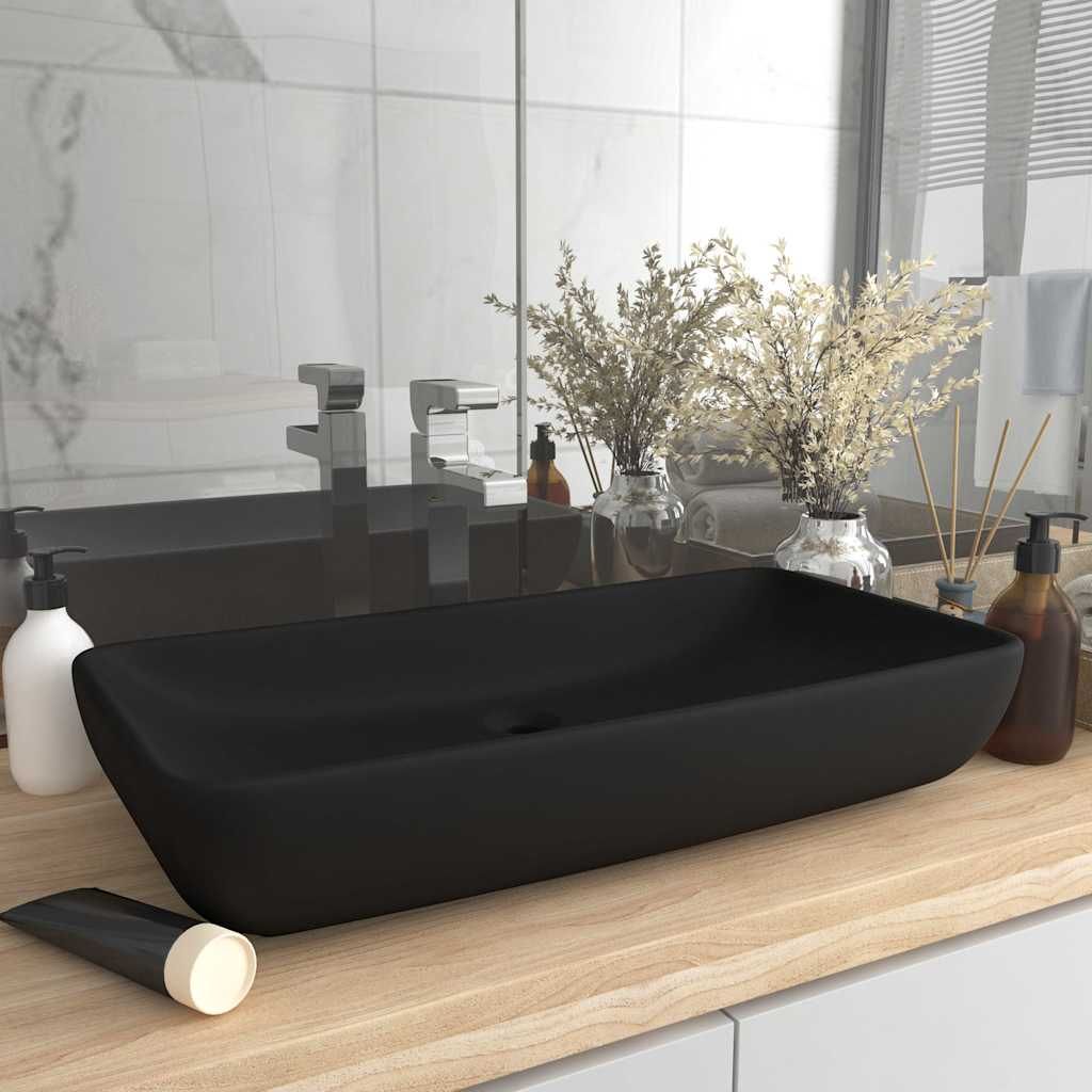 Lavandino Lusso Rettangolare Nero Opaco 71x38 cm in Ceramica vidaXL