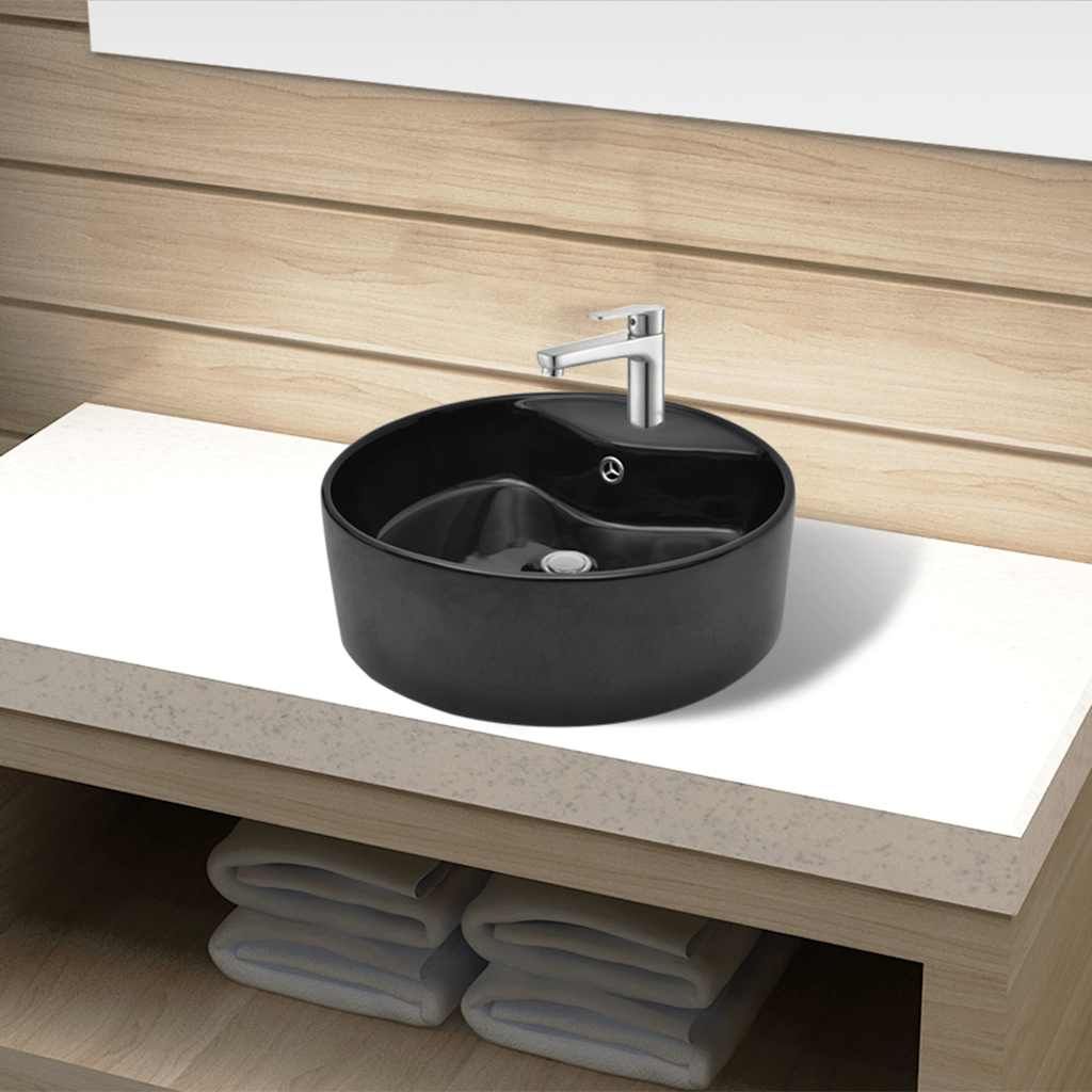 Lavandino bagno in Ceramica nera rotondo con Foro di trabocco vidaXL