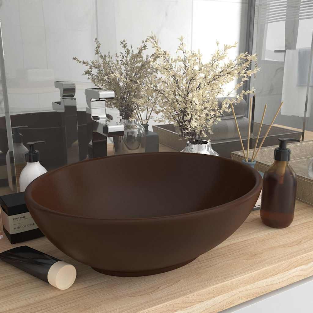 Lavandino Lusso Ovale Marrone Scuro Opaco 40x33 cm in Ceramica vidaXL