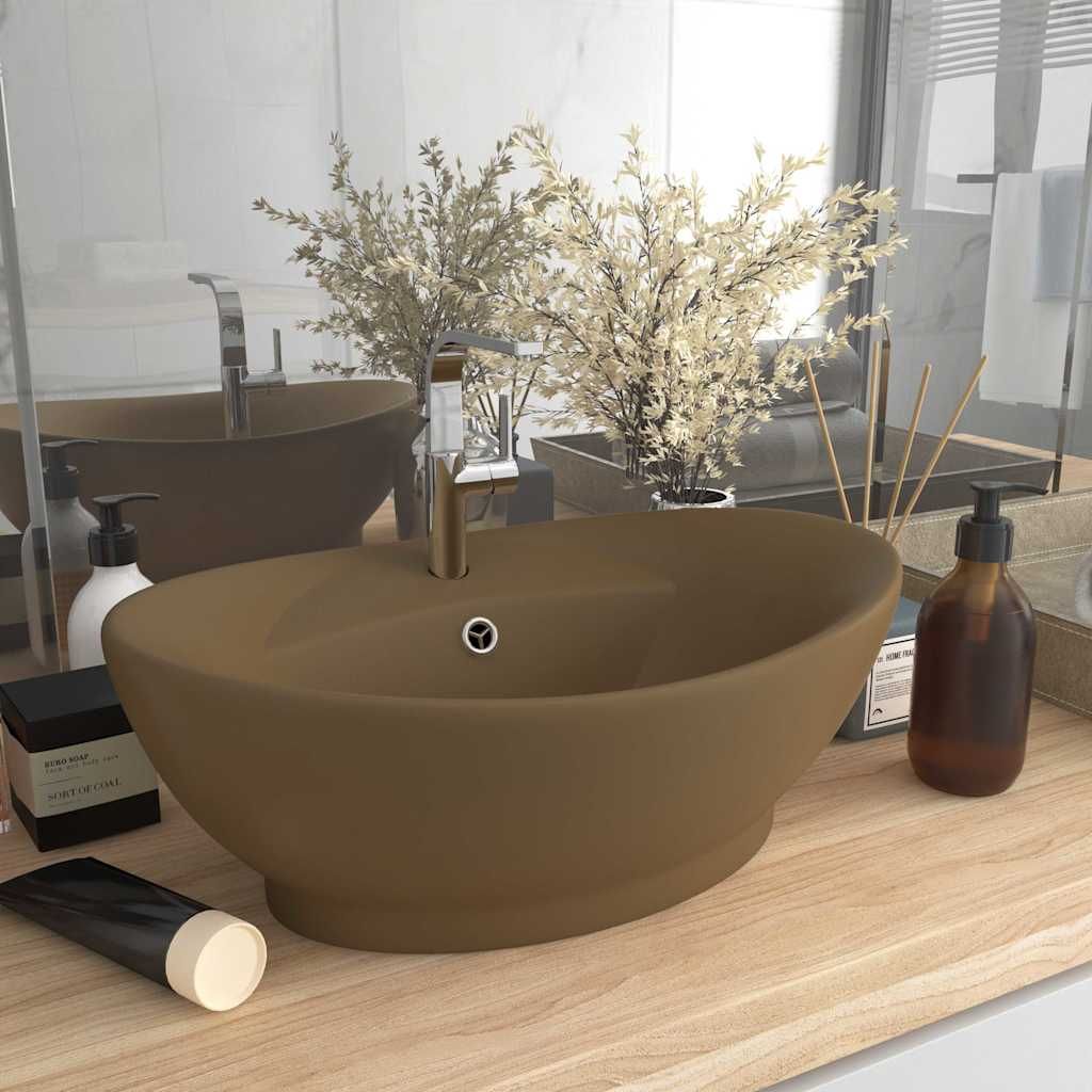 Lavandino con Troppopieno Ovale Crema Opaco 58,5x39cm Ceramica vidaXL