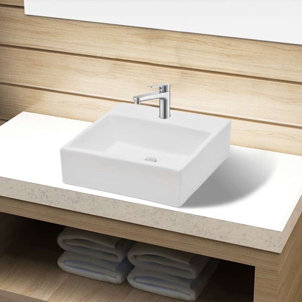 Lavandino Bagno in Ceramica Bianca Quadrato con Foro Rubinetto vidaXL