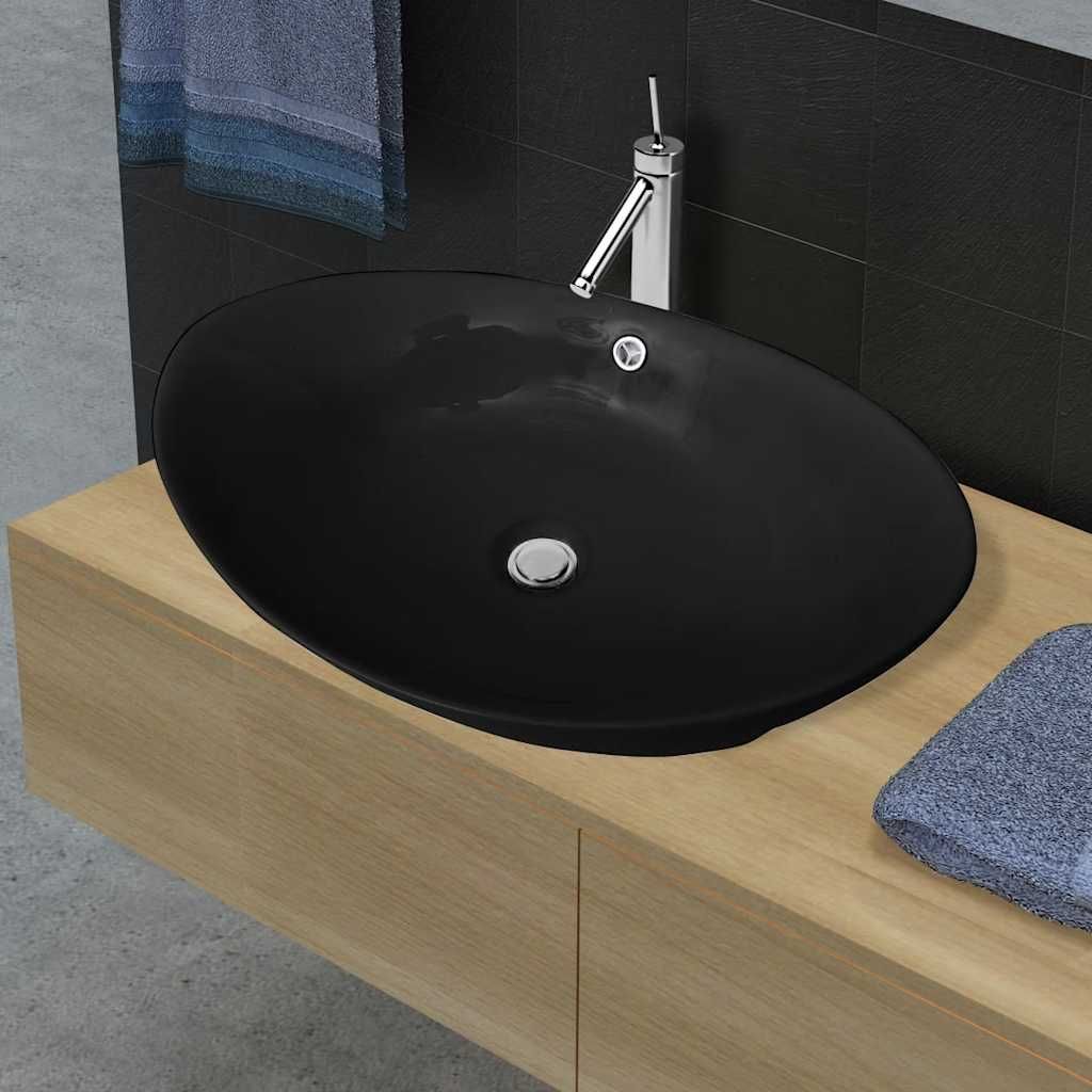 Lavello Ovale in Ceramica di Lusso Nero Troppopieno 59x38,5 cm vidaXL