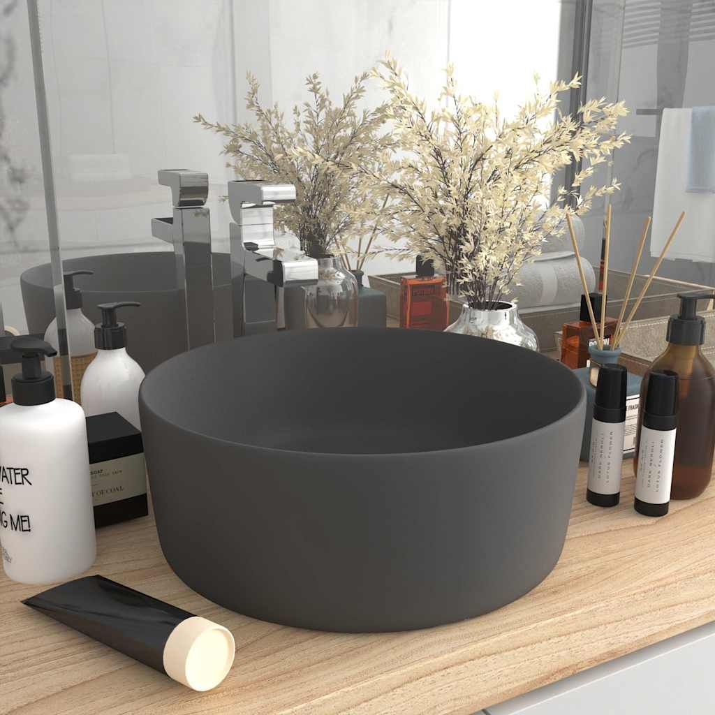 Lavandino Lusso Rotondo Grigio Scuro Opaco 40x15 cm in Ceramica vidaXL