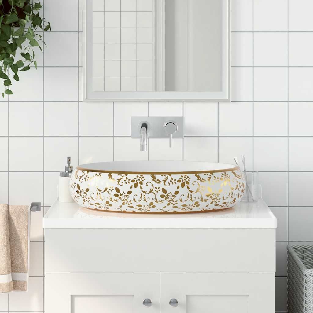Lavabo da Appoggio Bianco e Oro Ovale 59x40x15 cm Ceramica vidaXL