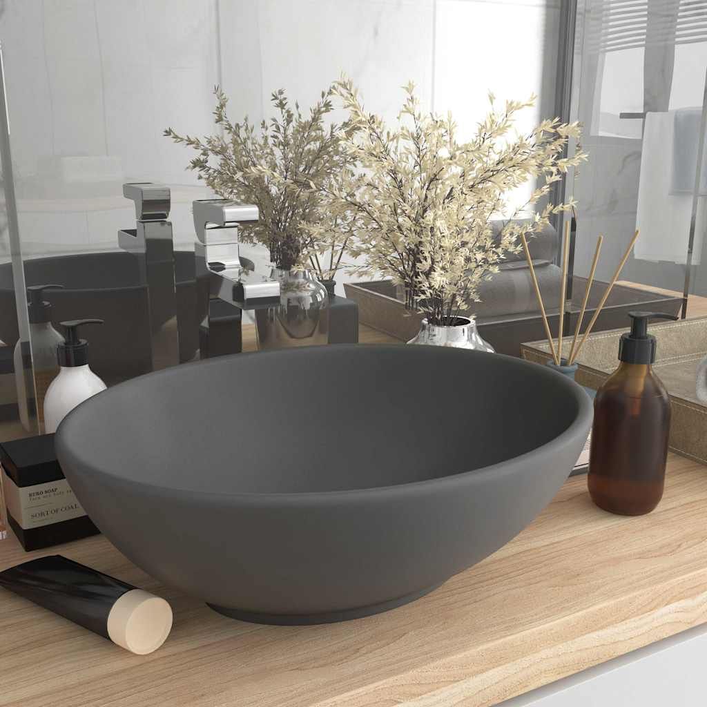 Lavandino Lusso Ovale Grigio Scuro Opaco 40x33 cm in Ceramica vidaXL