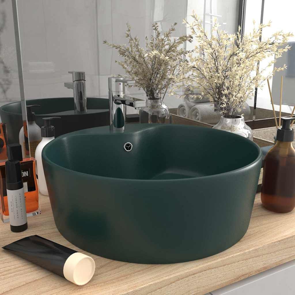 Lavandino con Troppopieno Verde Scuro Opaco 36x13cm in Ceramica vidaXL