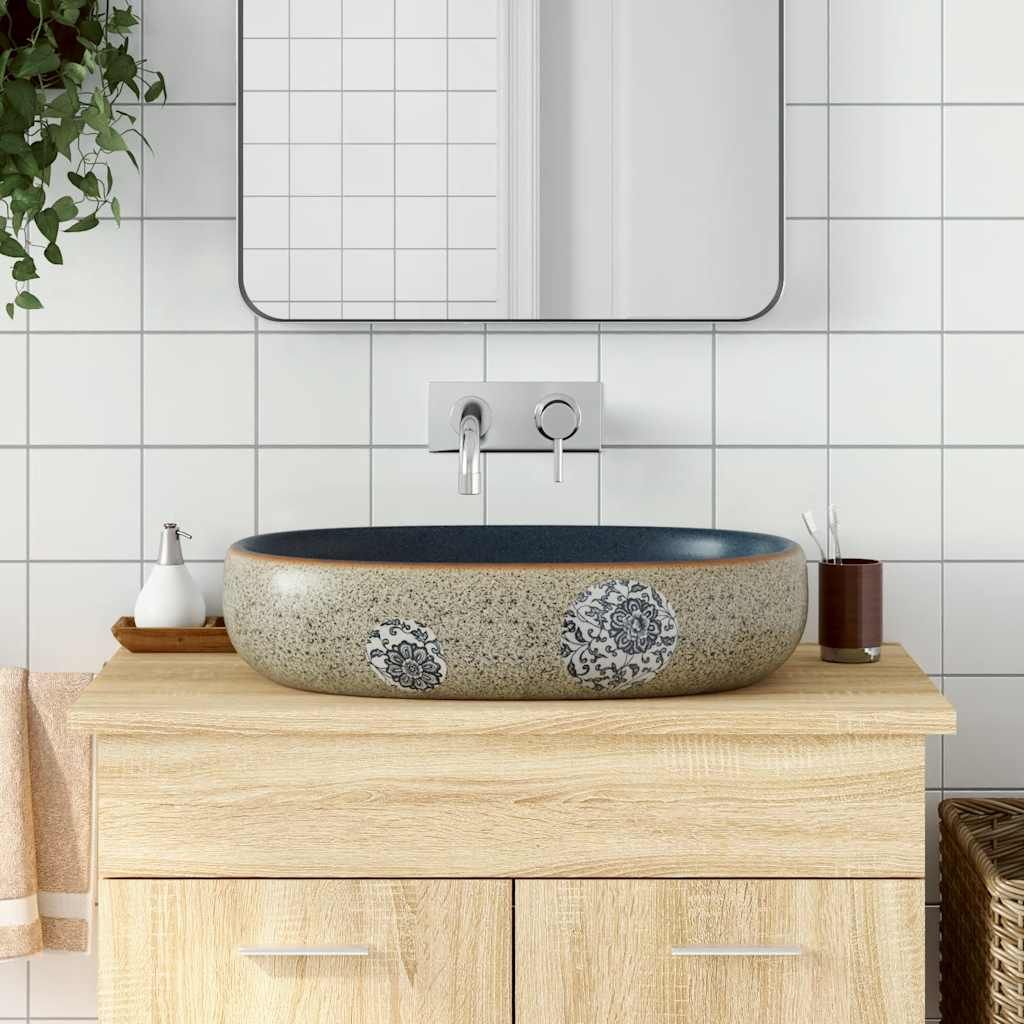 Lavabo da Appoggio Sabbia e Blu Ovale 59x40x14 cm Ceramica vidaXL