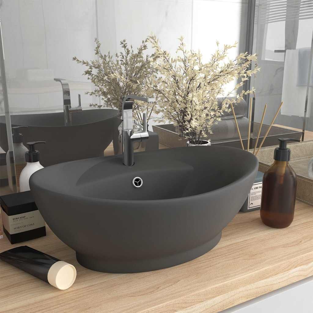 Lavabo Troppopieno Ovale Grigio Scuro Opaco 58,5x39cm Ceramica vidaXL
