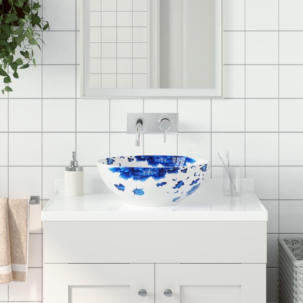 Lavabo da Appoggio Bianco e Blu Rotondo Φ41x14 cm Ceramica vidaXL