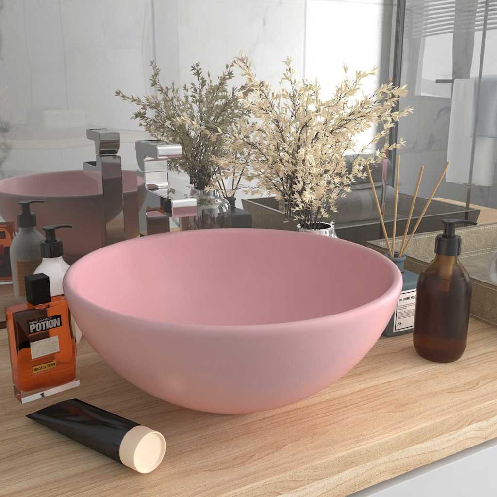 Lavandino Lusso Rotondo Rosa Opaco 32,5x14 cm in Ceramica vidaXL