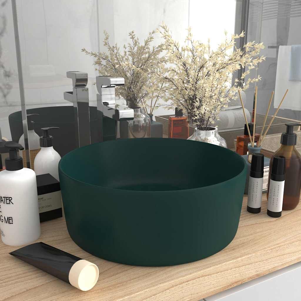 Lavandino Lusso Rotondo Verde Scuro Opaco 40x15 cm in Ceramica vidaXL