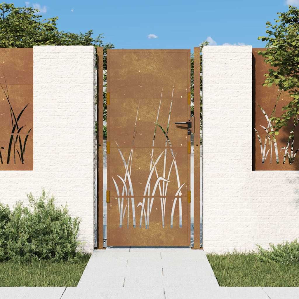 Cancello da giardino 100x200 cm in acciaio Corten con design erba vidaXL