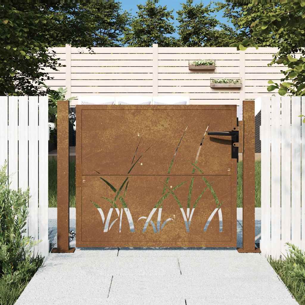 Cancello da giardino 100x75 cm in acciaio Corten con design erba vidaXL