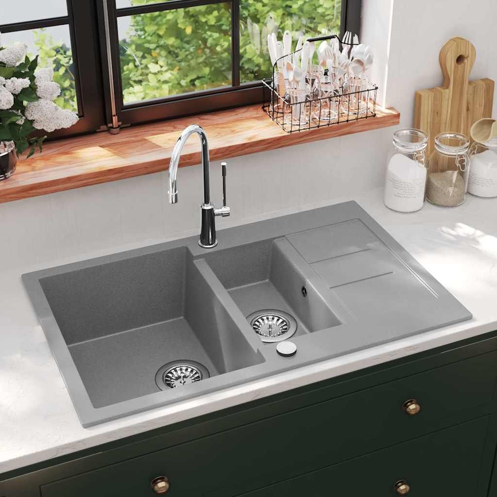 Lavello da Cucina in Granito Vasca Doppia Grigio vidaXL