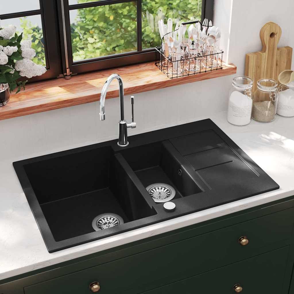 Lavello da Cucina in Granito Vasca Doppia Nero vidaXL