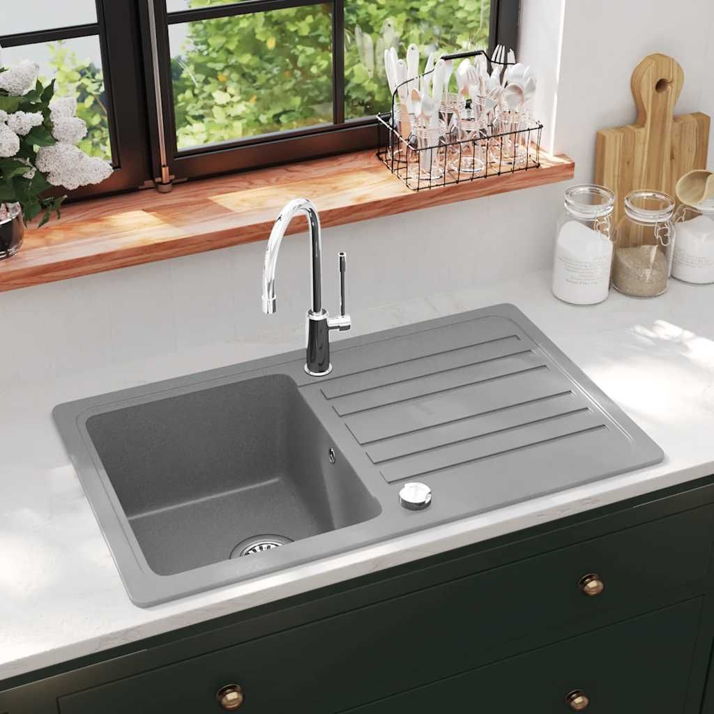 Lavandino cucina granito singolo con scolapiatti reversibile grigio vidaXL