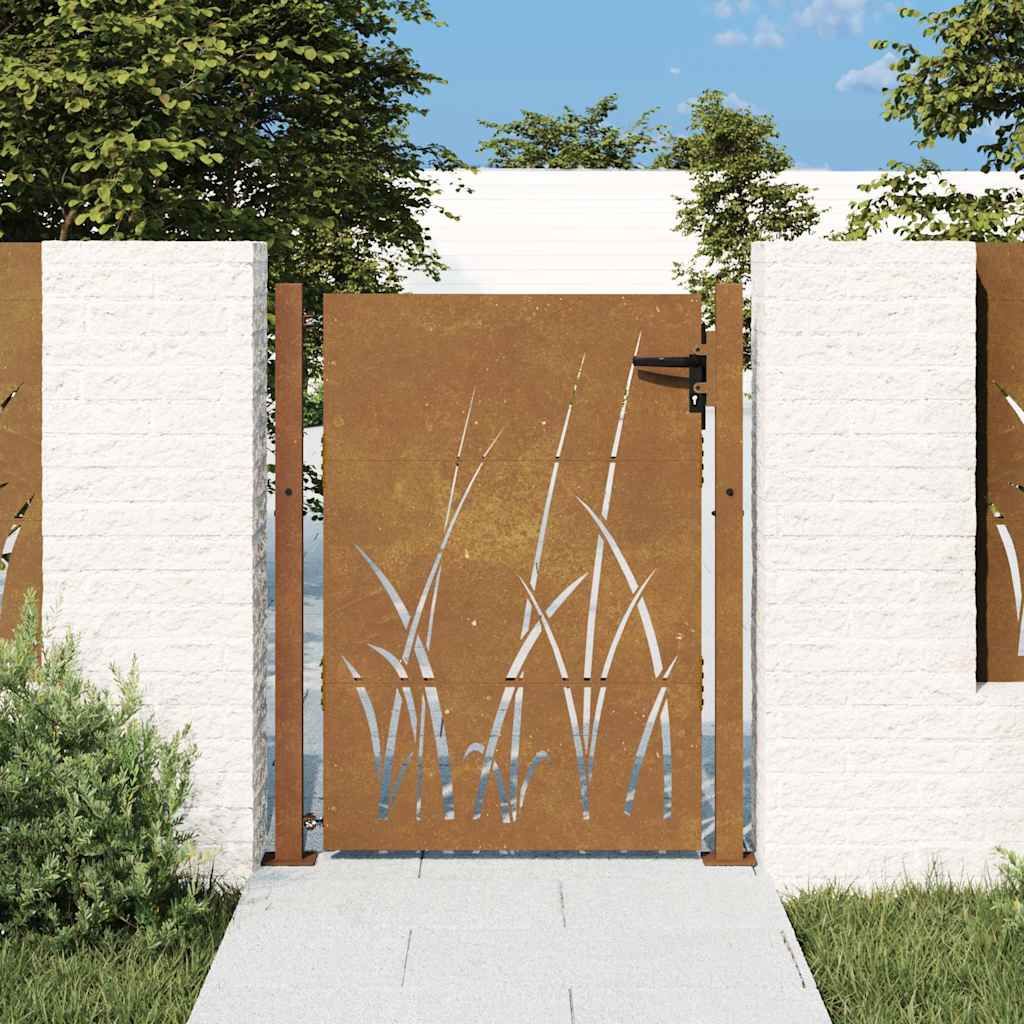 Cancello da giardino 100x125 cm in acciaio Corten con design erba vidaXL