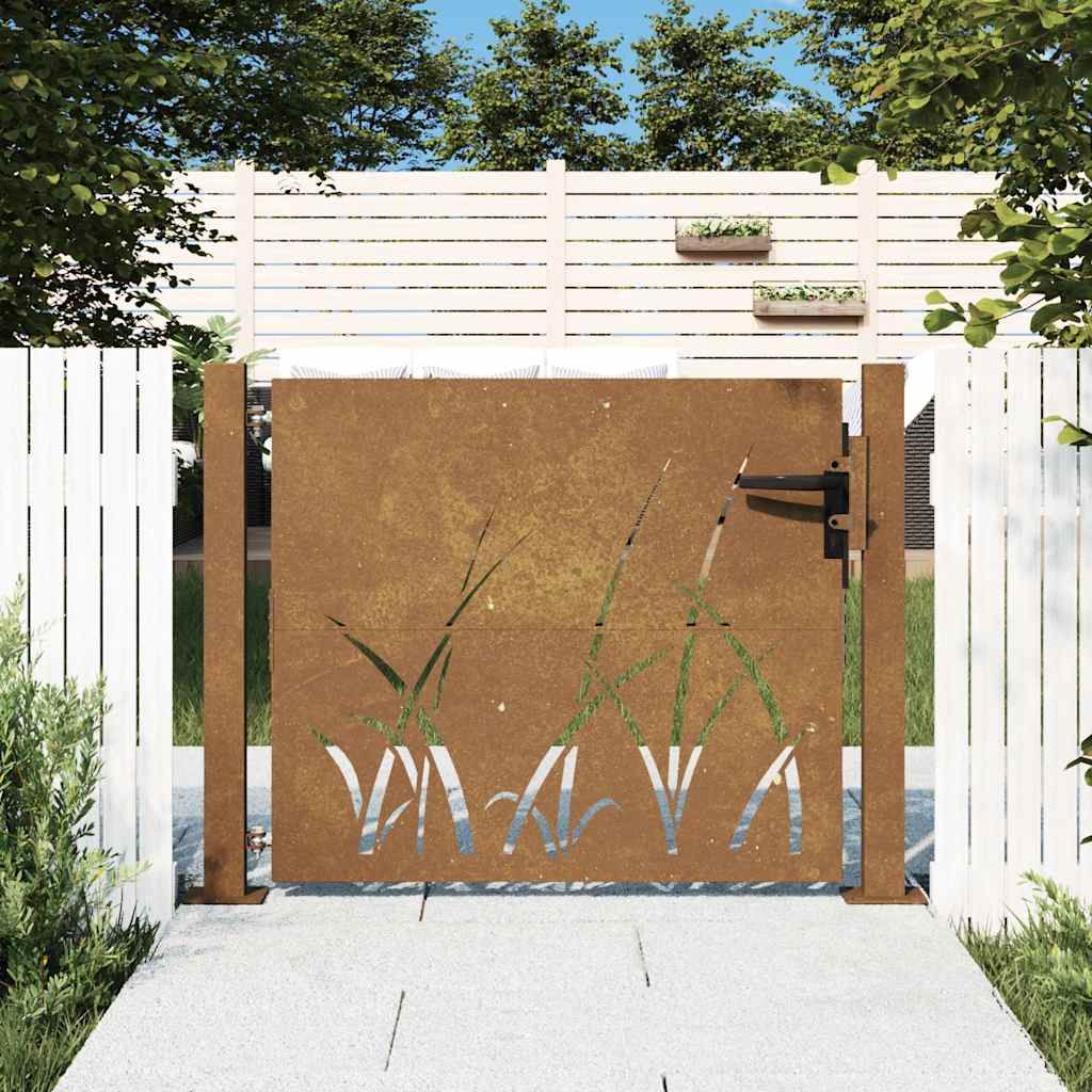 Cancello da giardino 100x100 cm in acciaio Corten con design erba vidaXL